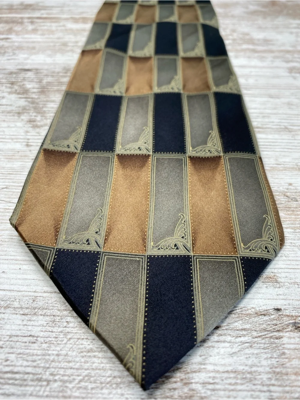 Croft & Barrow Silk Necktie Brown Black Geometric Square Pattern Wide Tie 59x4